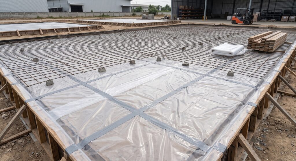 พลาสติกปูพื้นก่อนเทคอนกรีต LDPE ปูทับซ้อนรอยต่อ พร้อมเหล็กเสริมวางบนลูกปูนหนุน